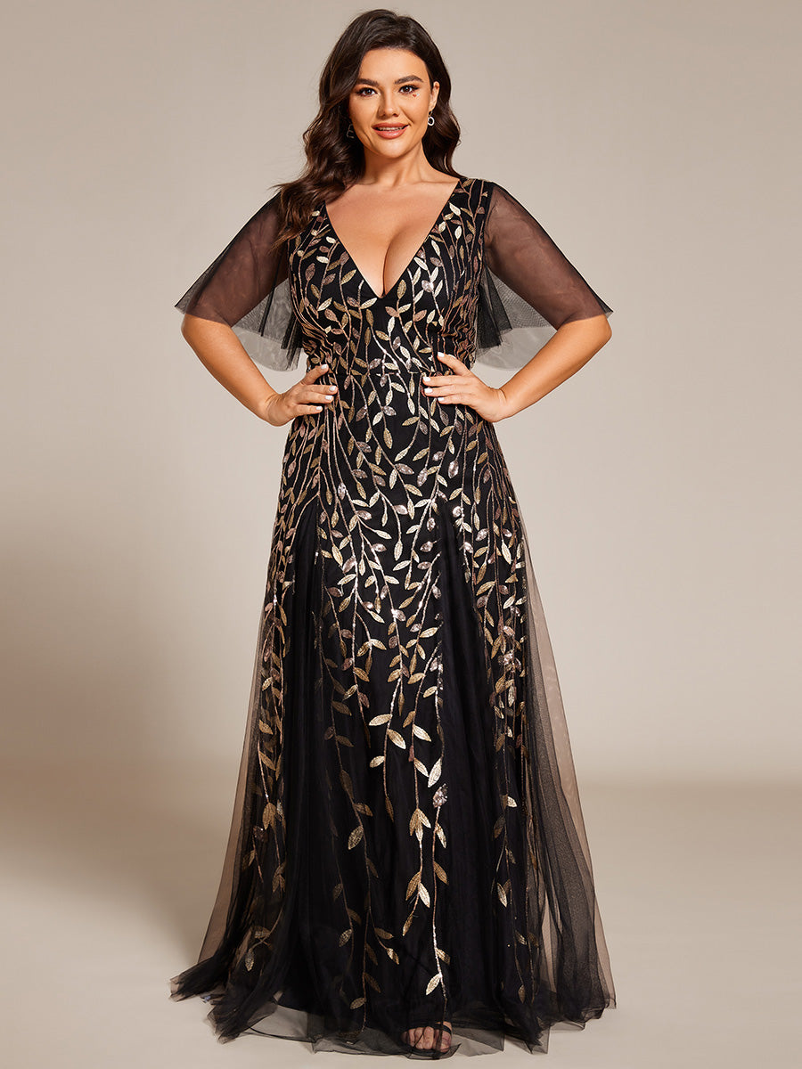 Robe de Soirée Longue Romantique et Scintillante à Col V et Pailletes #Couleur_Noir & Or