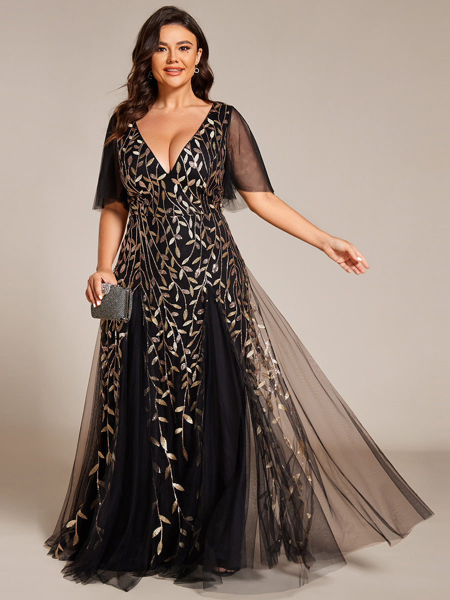 Robe de Soirée Longue Romantique et Scintillante à Col V et Pailletes #Couleur_Noir & Or
