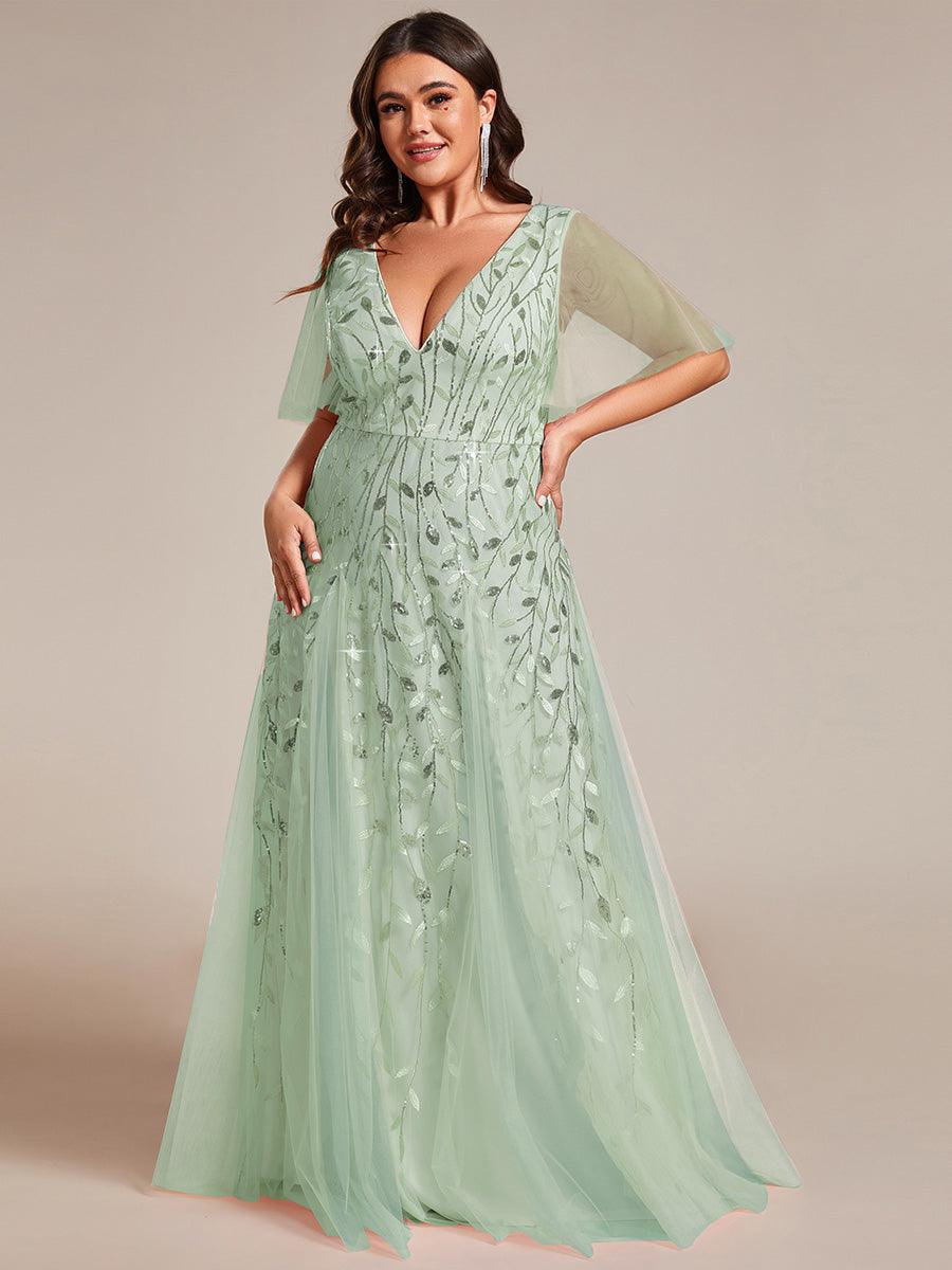 Grande Taille Robe de Soirée Longue Romantique et Scintillante à Col V et Pailletes #Couleur_Menthe Verte