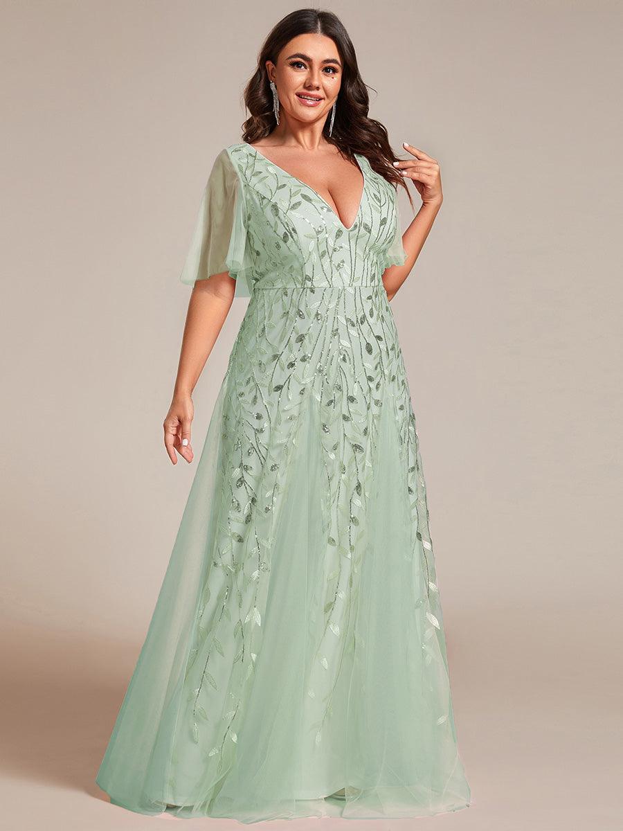 Grande Taille Robe de Soirée Longue Romantique et Scintillante à Col V et Pailletes #Couleur_Menthe Verte
