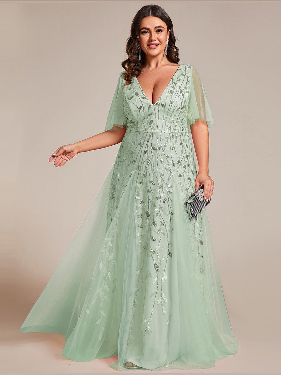 Grande Taille Robe de Soirée Longue Romantique et Scintillante à Col V et Pailletes #Couleur_Menthe Verte
