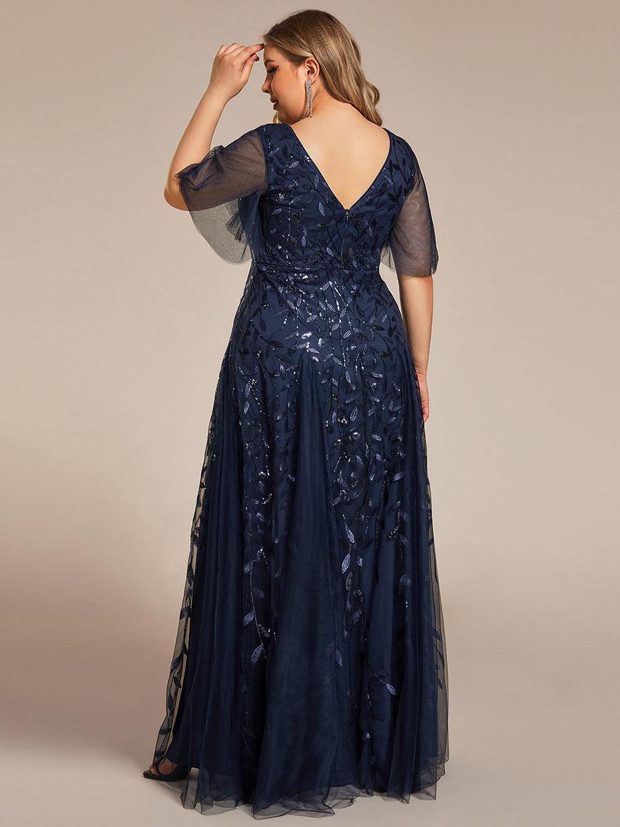 Grande Taille Robe de Soirée Romantique Scintillante à col en V et Manches à Volants #Couleur_Bleu Marine