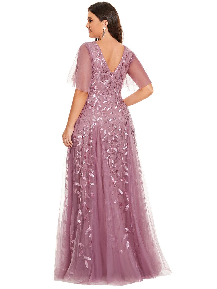 Grande Taille Robe de Soirée Romantique Scintillante à col en V et Manches à Volants #Couleur_Orchidee