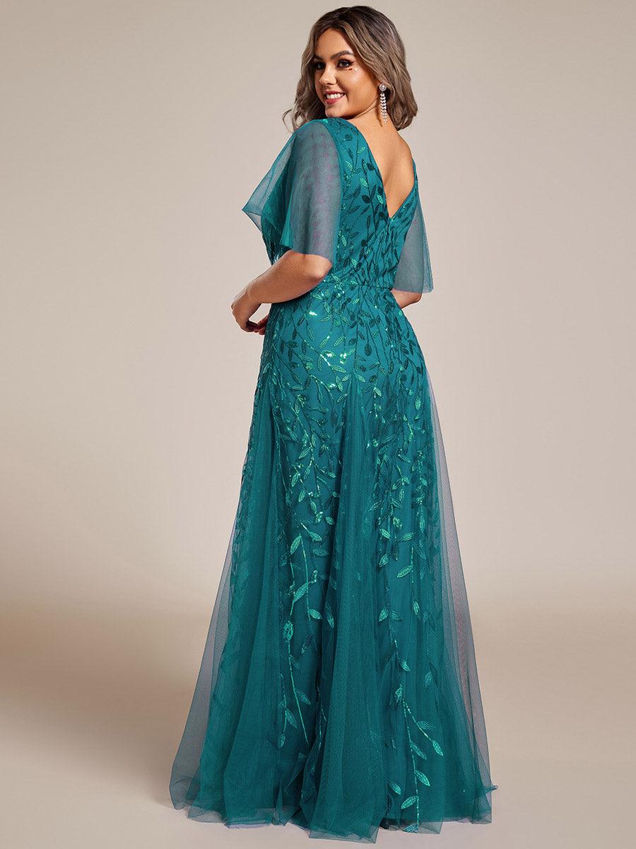 Grande Taille Robe de Soirée Longue Romantique et Scintillante à Col V et Pailletes #Couleur_Bleu Sarcelle