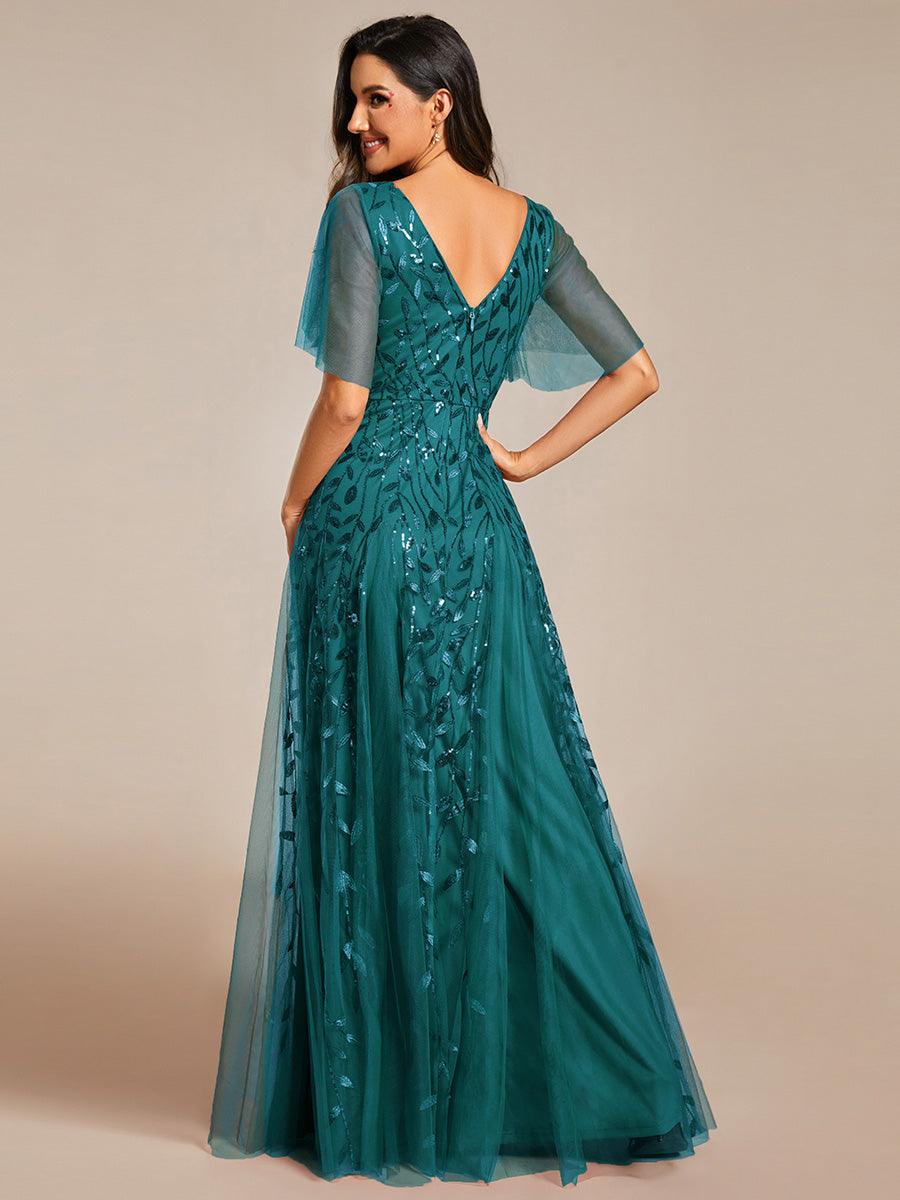 Robe de Soirée Longue Romantique et Scintillante à Col V et Pailletes #Couleur_Bleu Sarcelle