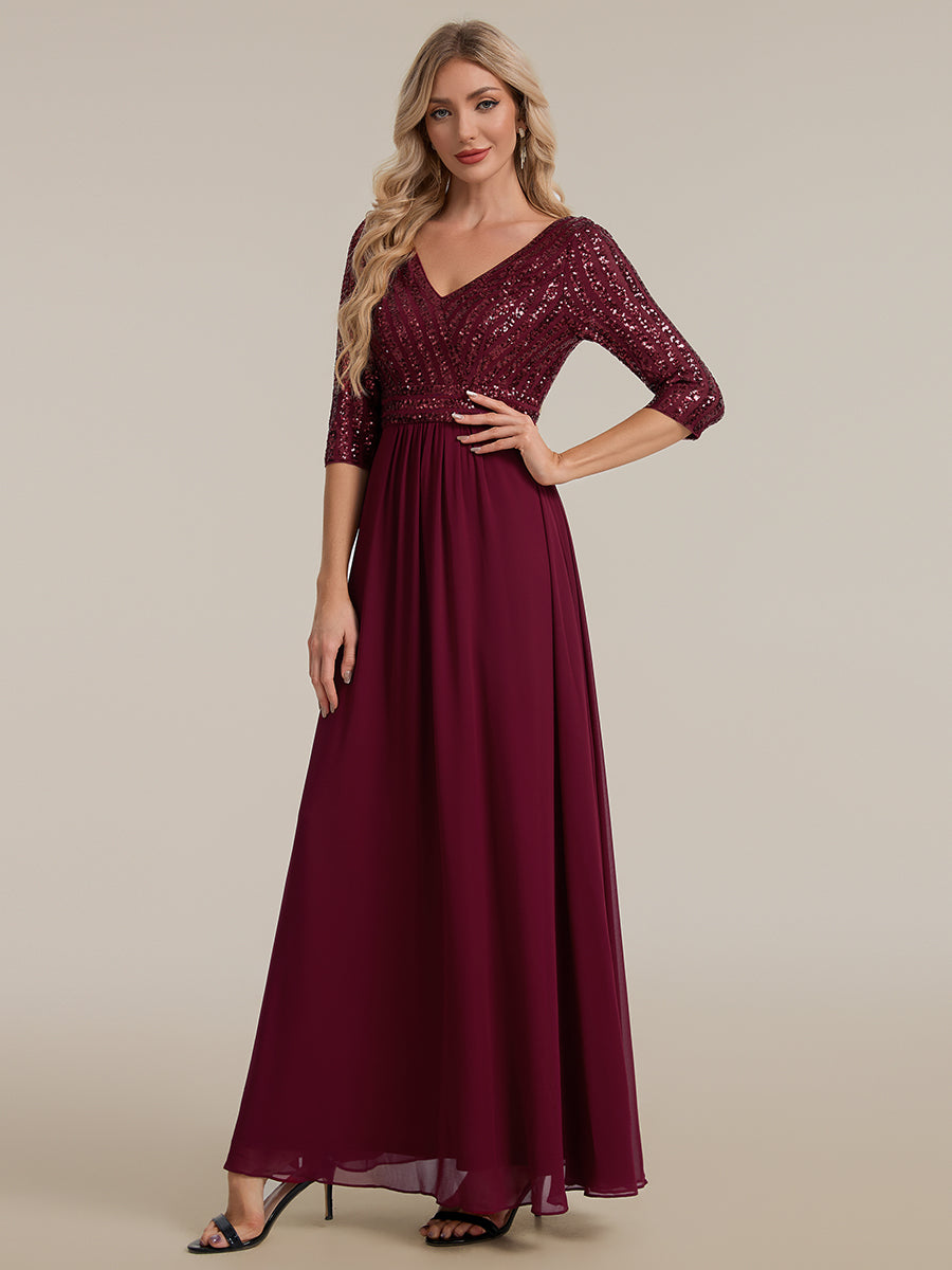 robe longue en sequins transparente à manches trois quarts et décolleté en V #Couleur_Bordeaux