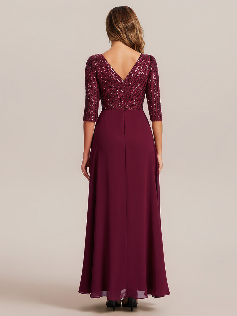 robe longue en sequins transparente à manches trois quarts et décolleté en V #Couleur_Bordeaux