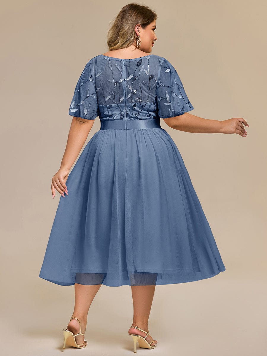 Robe d'invitée de mariage mi-longue à paillettes et feuilles #Couleur_Marine Fume