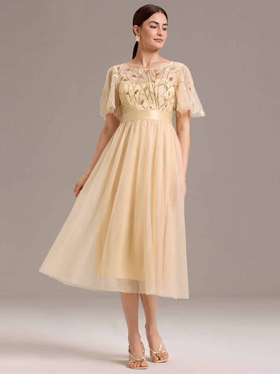 Robe d'invitée de mariage mi-longue à paillettes et feuilles #Couleur_Dorée