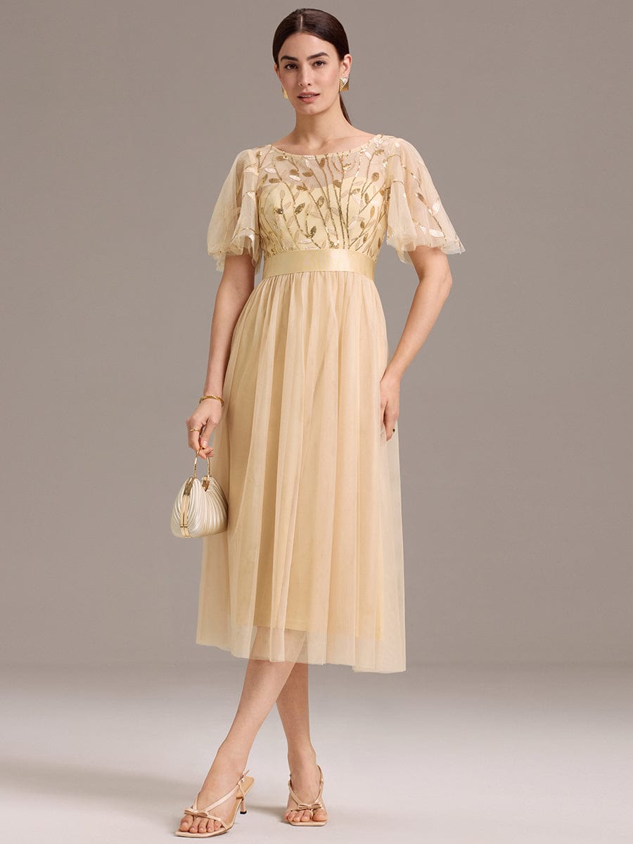 Robe d'invitée de mariage mi-longue à paillettes et feuilles #Couleur_Dorée