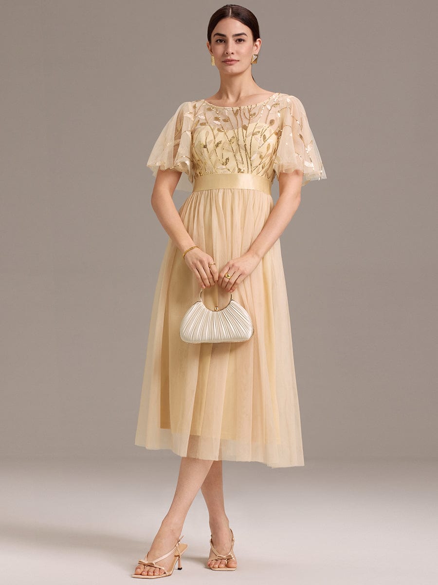 Robe d'invitée de mariage mi-longue à paillettes et feuilles #Couleur_Dorée