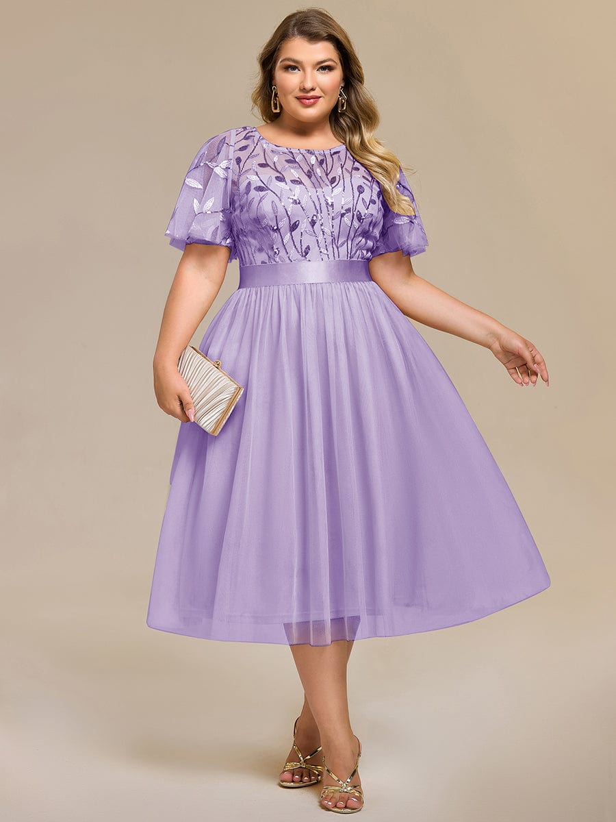 Robe d'invitée de mariage mi-longue à paillettes et feuilles #Couleur_Lavande