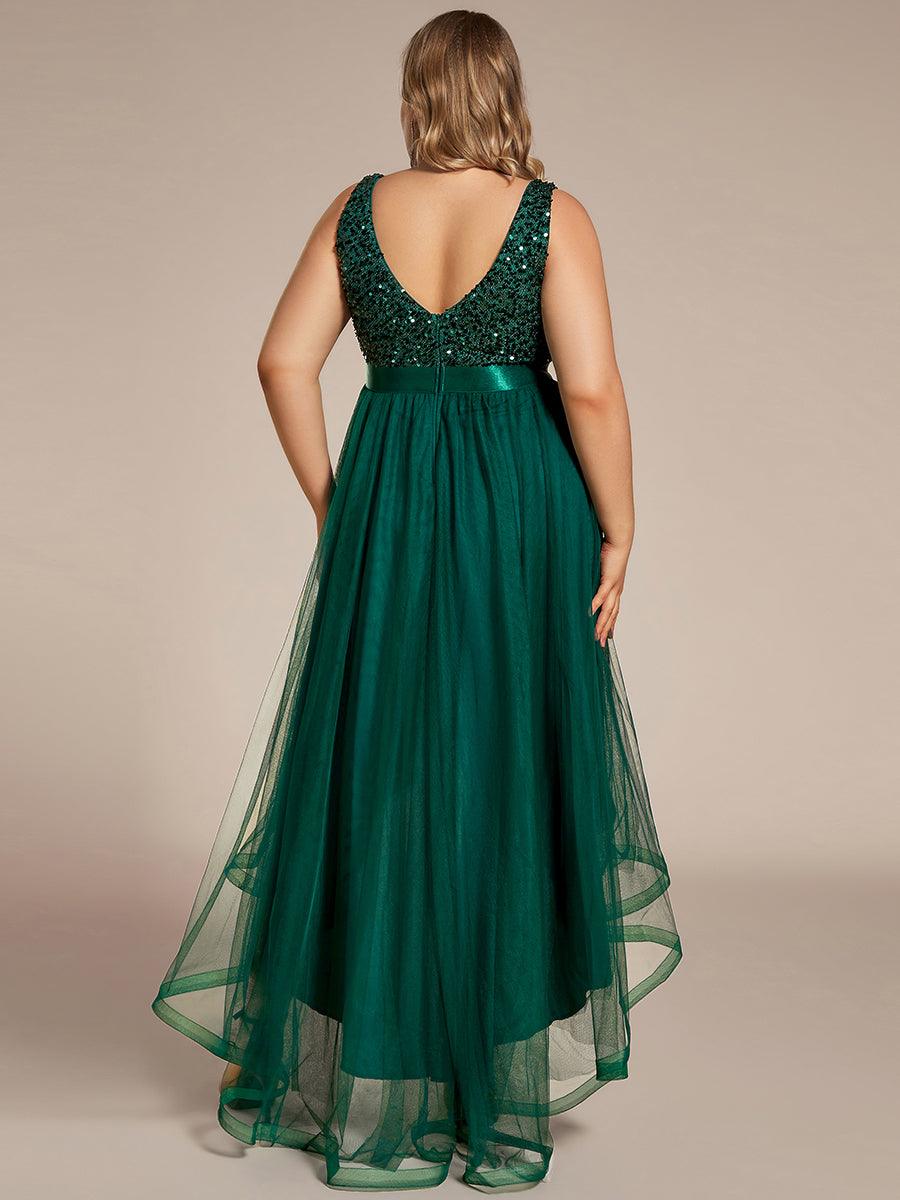 Robe de Soirée Haute Basse à Col en V à Paillettes de Grande Taille #Couleur_Vert Fonce