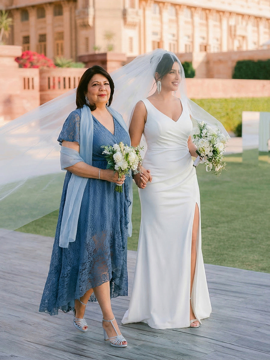 Robe de soirée en dentelle plissée à manches courtes et col en V Grande taille #Couleur_Bleu Sarcelle