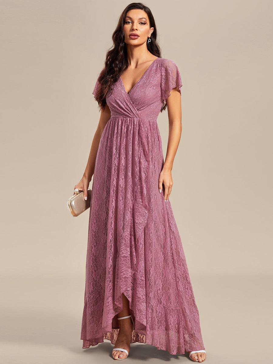 Robe de soirée en dentelle plissée à manches courtes et col en V #Couleur_Orchidee