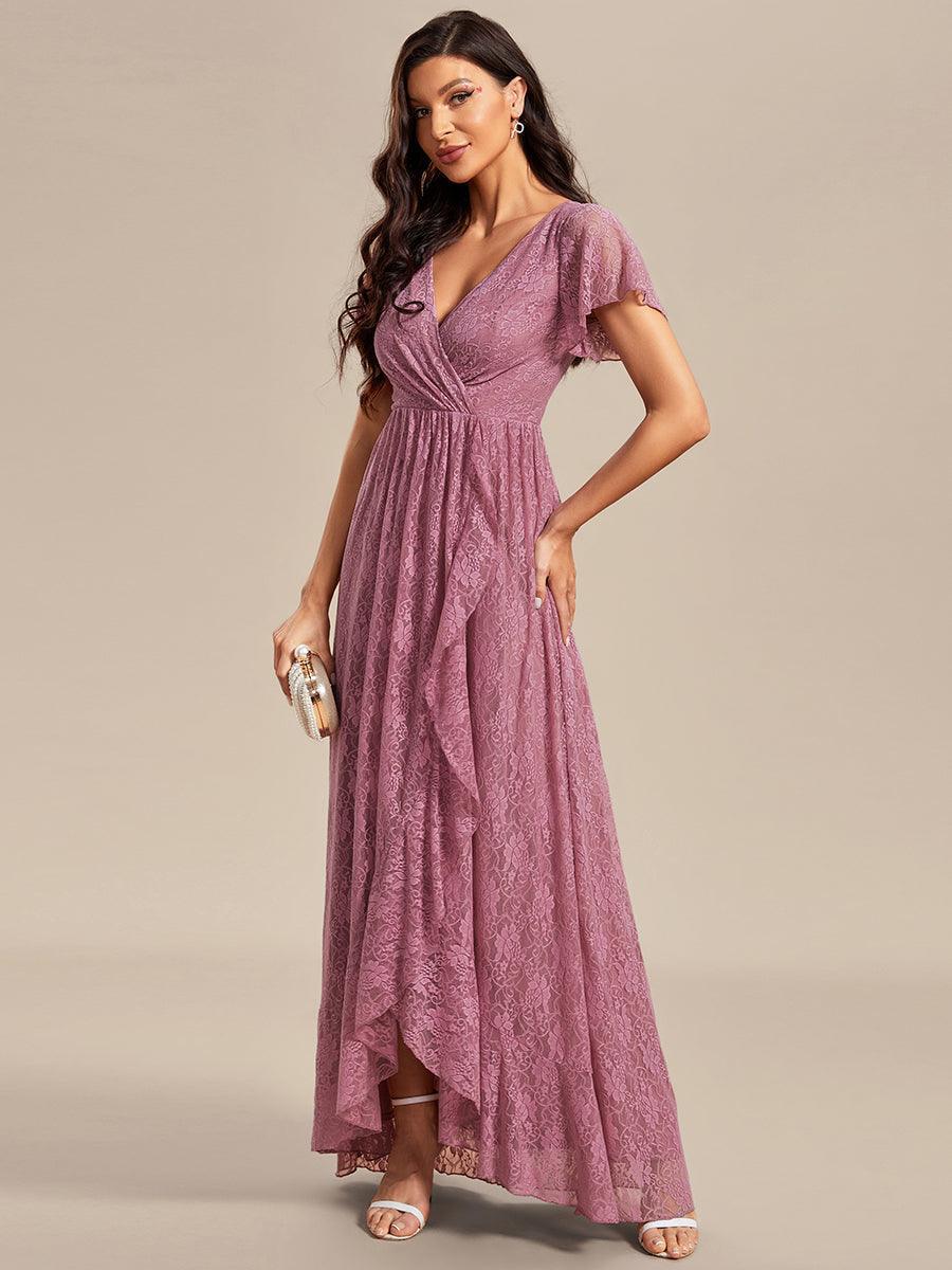 Robe de soirée en dentelle plissée à manches courtes et col en V #Couleur_Orchidee