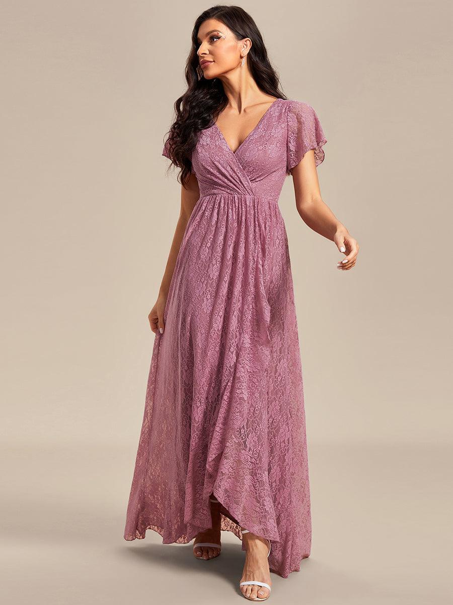 Robe de soirée en dentelle plissée à manches courtes et col en V #Couleur_Orchidee