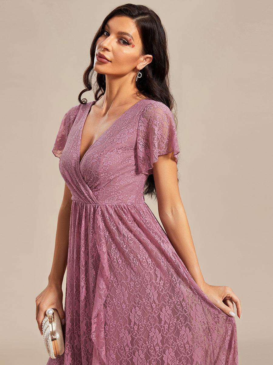 Robe de soirée en dentelle plissée à manches courtes et col en V #Couleur_Orchidee