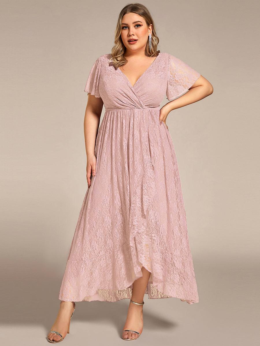 Robe de soirée en dentelle plissée à manches courtes et col en V Grande taille #Couleur_Rose