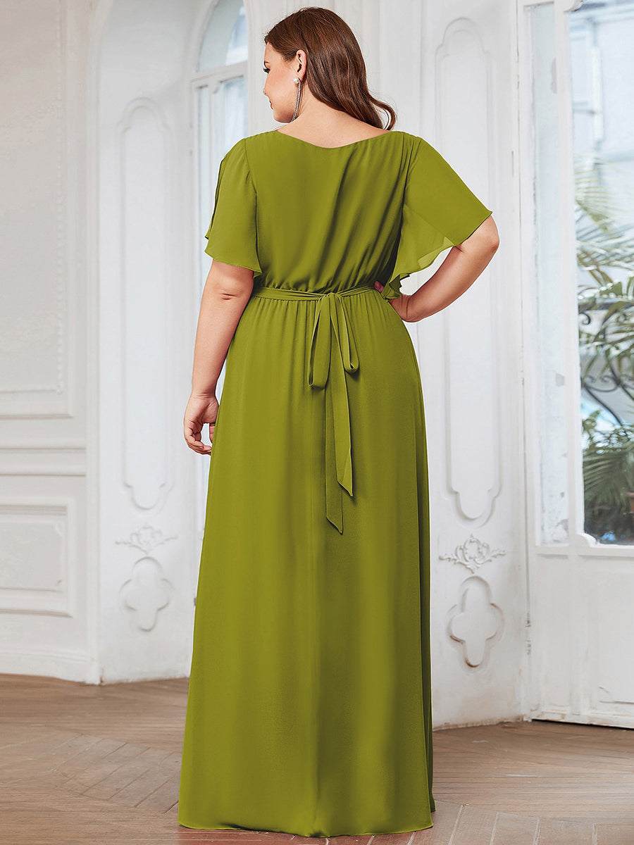 Robe de demoiselle d'honneur en mousseline de soie longue de grande taille à encolure #Couleur_Citron