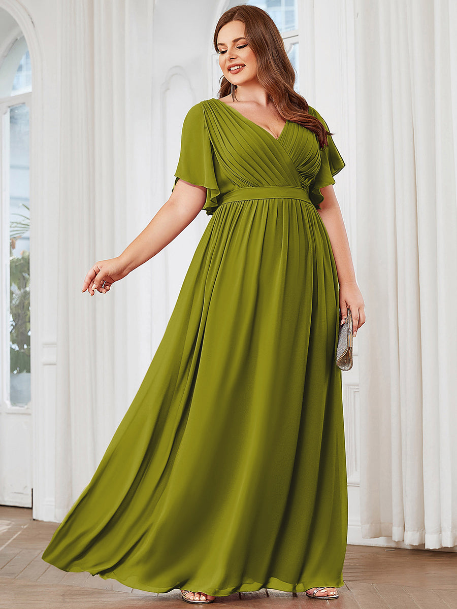 Robe de demoiselle d'honneur en mousseline de soie longue de grande taille à encolure #Couleur_Citron