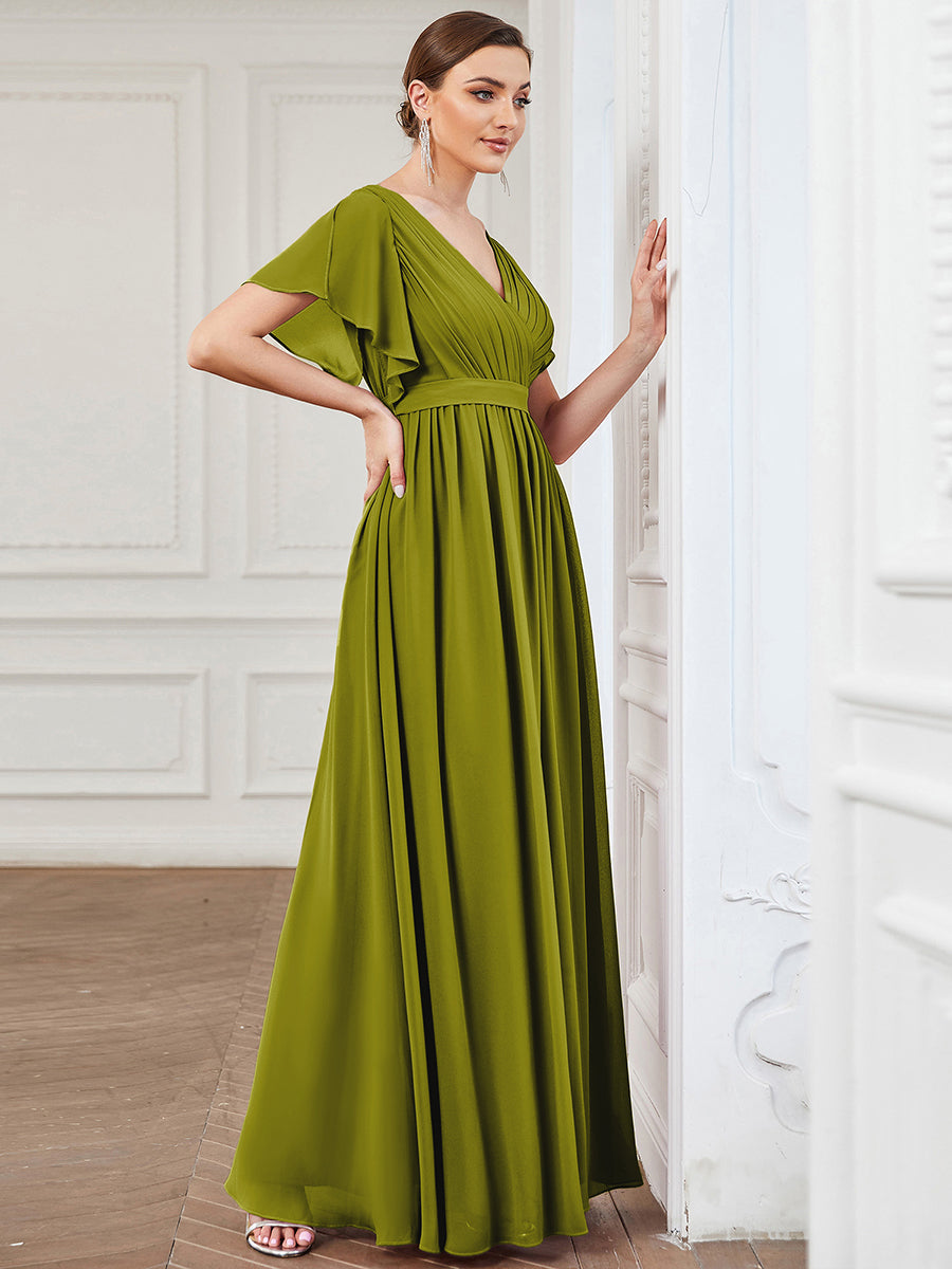Robe mariage invitée en mousseline de soie à encolure en V et à manches flottantes #Couleur_Citron