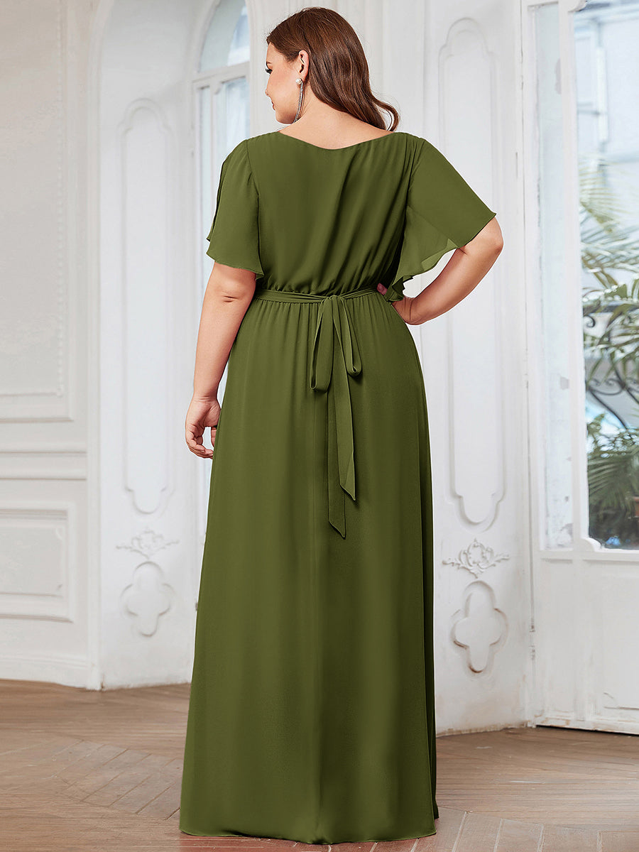Robe de soirée en mousseline de soie longue de grande taille à encolureen V Maxi #Couleur_Vert Olive