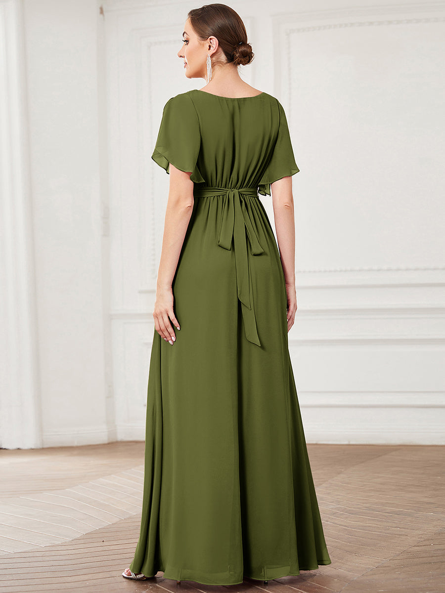 Robe de soirée en mousseline de soie à encolure en V et à manches flottantes #Couleur_Vert Olive