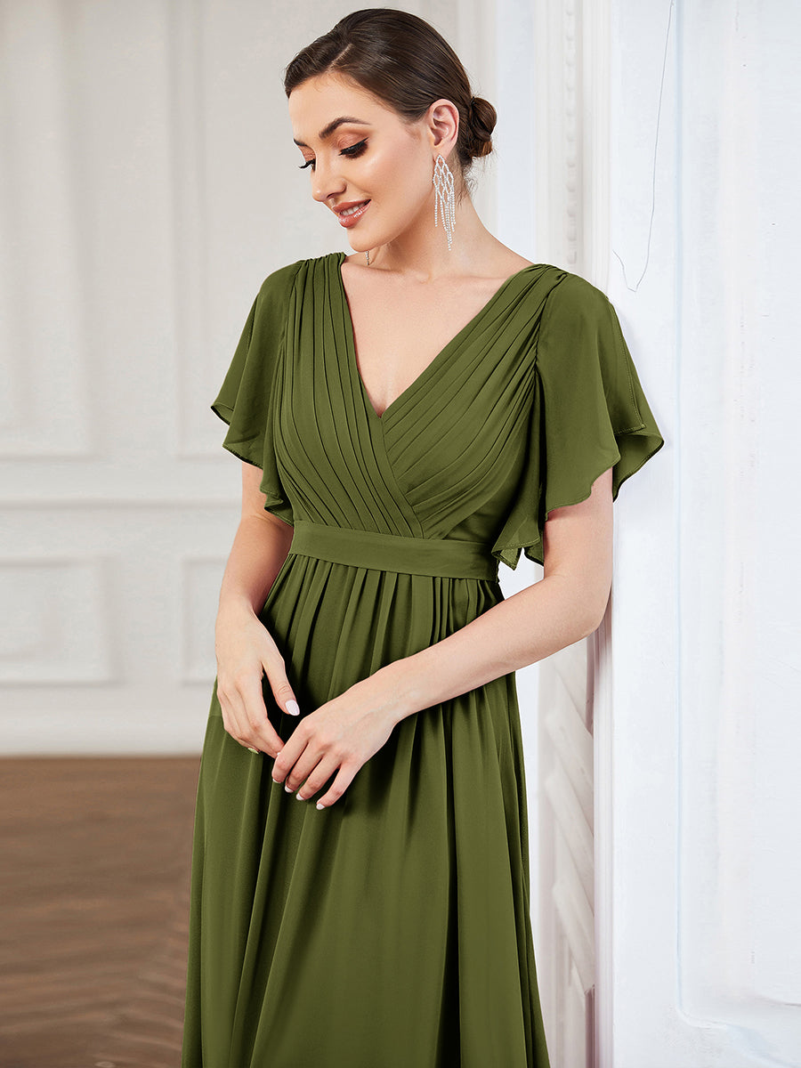 Robe de soirée en mousseline de soie longue de grande taille à encolureen V Maxi #Couleur_Vert Olive