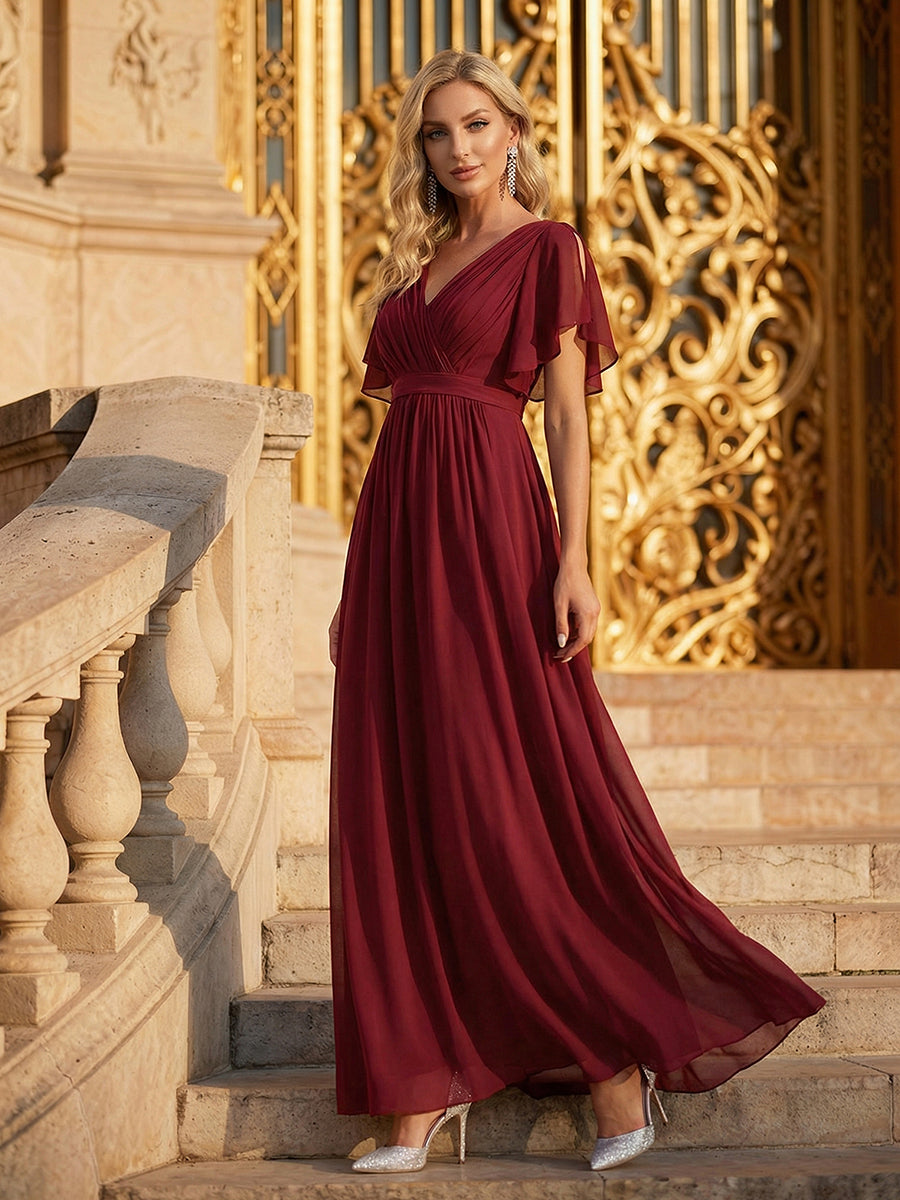 Robe mariage invitée en mousseline de soie à encolure en V et à manches flottantes #Couleur_Bordeaux