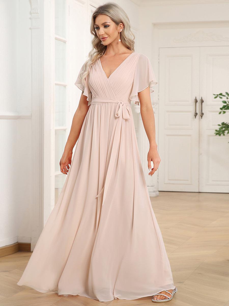 Robe de demoiselle d'honneur en mousseline de soie à encolure en V et à manches #Couleur_Blush