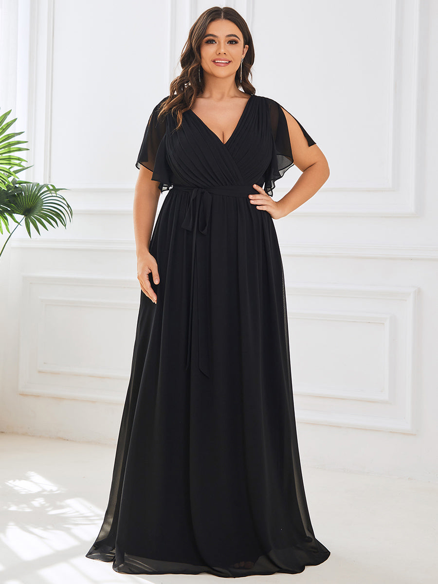 Robe de soirée en mousseline de soie à encolure en V et à manches flottantes #Couleur_Noir