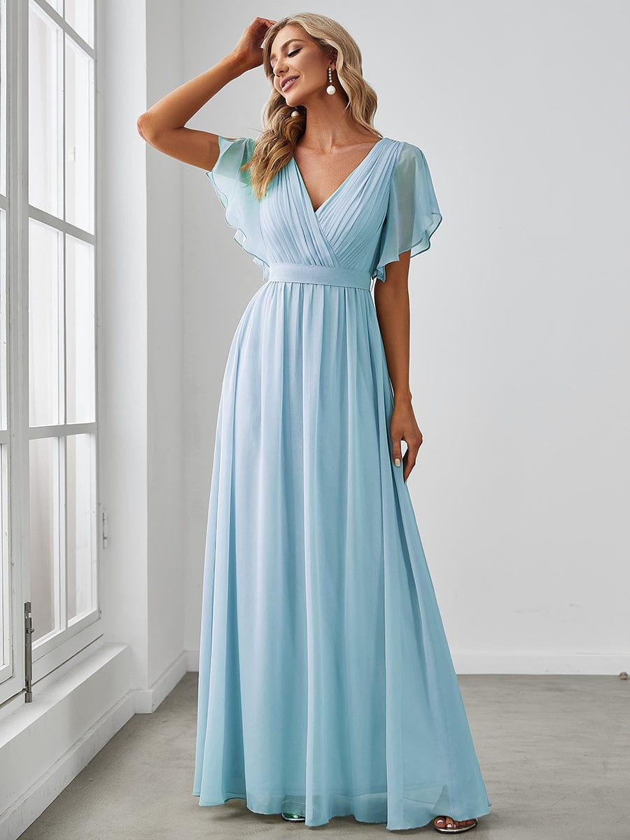 Robe de demoiselle d'honneur en mousseline de soie à encolure en V et à manches #Couleur_Bleu Ciel