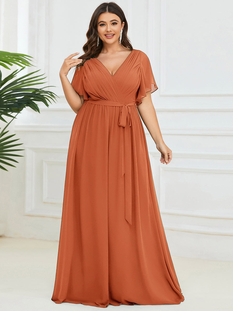 Robe de demoiselle d'honneur en mousseline de soie à encolure en V et à manches #Couleur_Melon Ambré