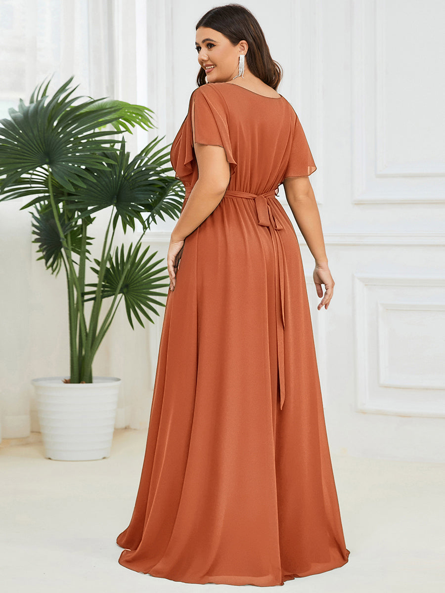 Robe de demoiselle d'honneur en mousseline de soie à encolure en V et à manches #Couleur_Melon Ambré