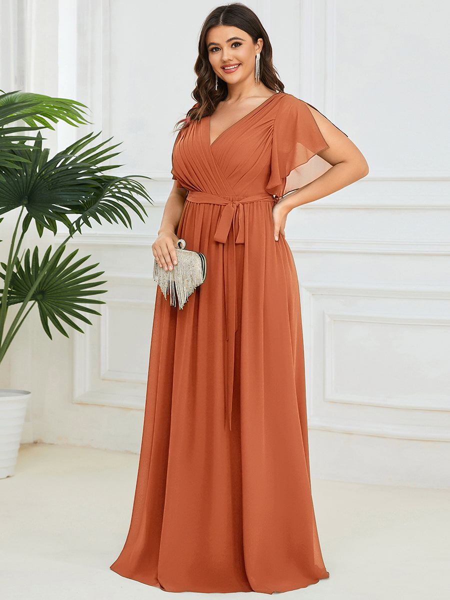 Robe de soirée en mousseline de soie longue de grande taille à encolureen V Maxi #Couleur_Melon Ambré