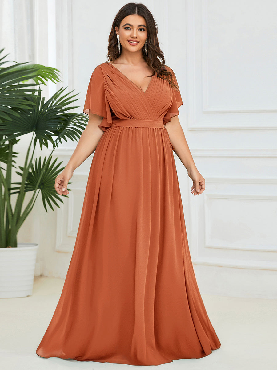 Robe de demoiselle d'honneur en mousseline de soie à encolure en V et à manches #Couleur_Melon Ambré
