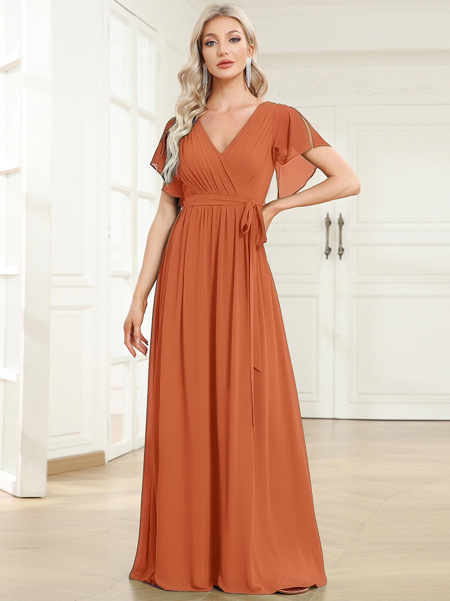 Robe de demoiselle d'honneur en mousseline de soie à encolure en V et à manches #Couleur_Melon Ambré