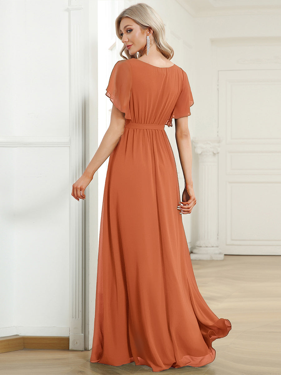 Robe de demoiselle d'honneur en mousseline de soie à encolure en V et à manches #Couleur_Melon Ambré