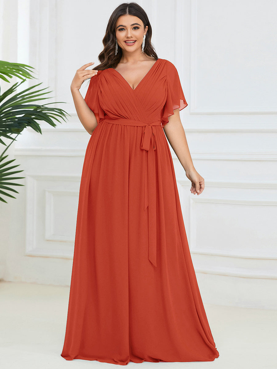 Robe de soirée en mousseline de soie longue de grande taille à encolureen V Maxi #Couleur_Burnt Orange