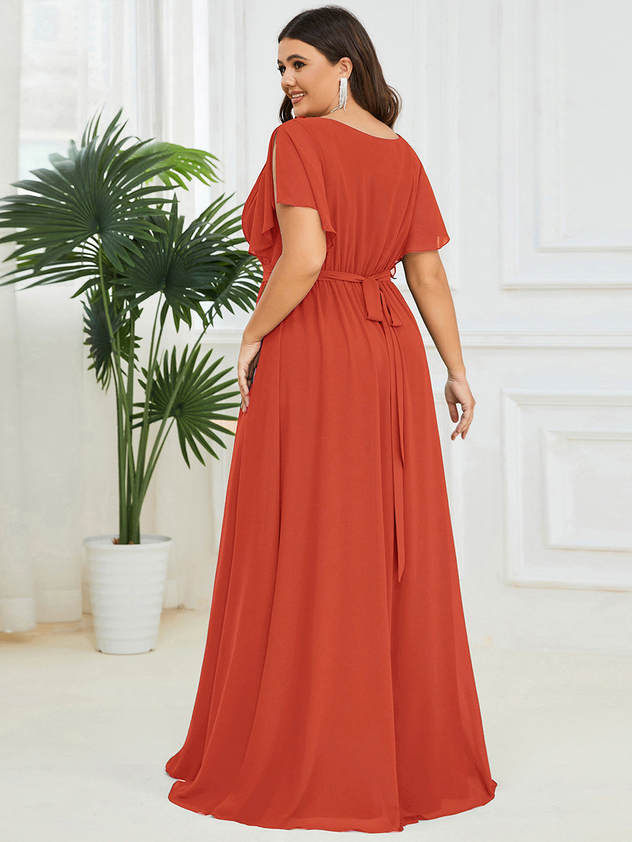 Robe de demoiselle d'honneur en mousseline de soie à encolure en V et à manches #Couleur_Burnt Orange