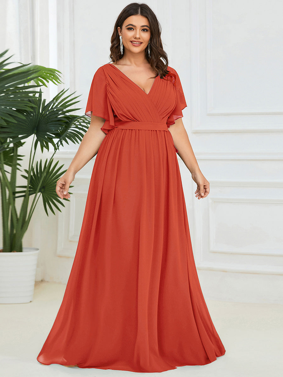 Robe de demoiselle d'honneur en mousseline de soie à encolure en V et à manches #Couleur_Burnt Orange