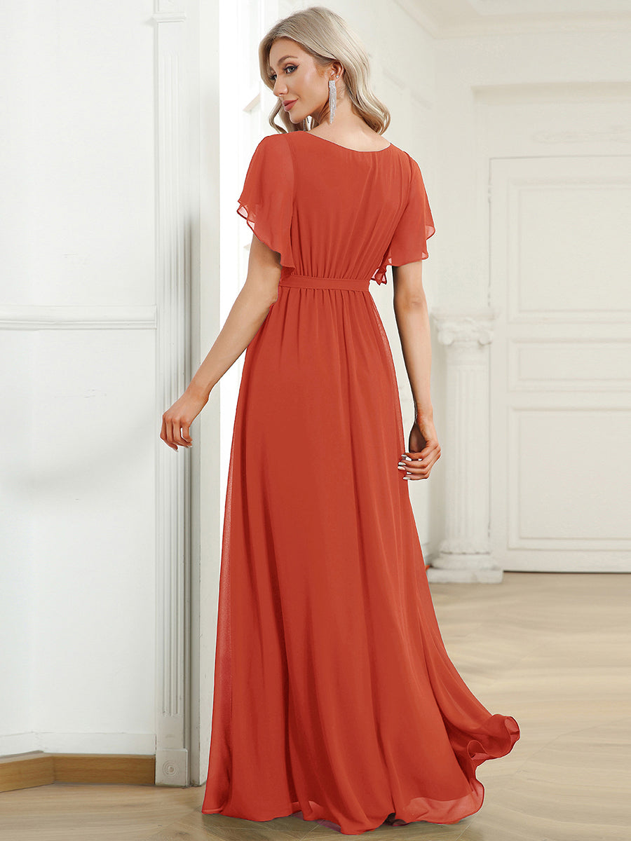 Robe de soirée en mousseline de soie à encolure en V et à manches flottantes #Couleur_Burnt Orange