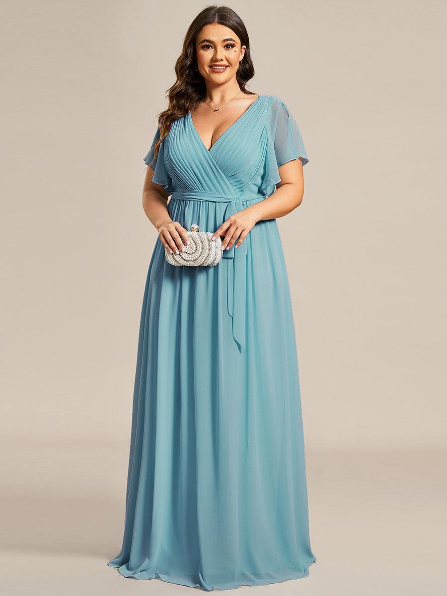 Robe de demoiselle d'honneur en mousseline de soie ????è encolure en V et ????è manches #Couleur_Bleu Fume