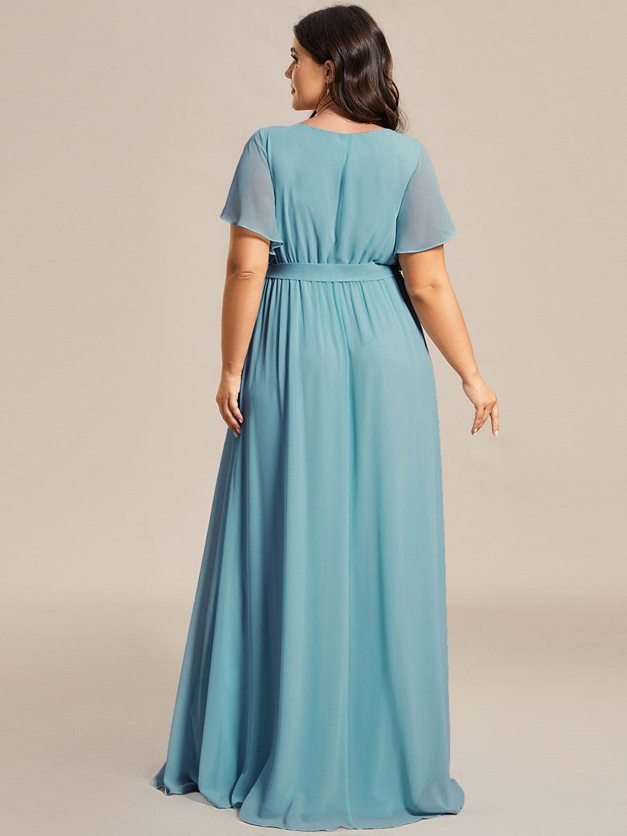 Robe de demoiselle d'honneur en mousseline de soie ????è encolure en V et ????è manches #Couleur_Bleu Fume