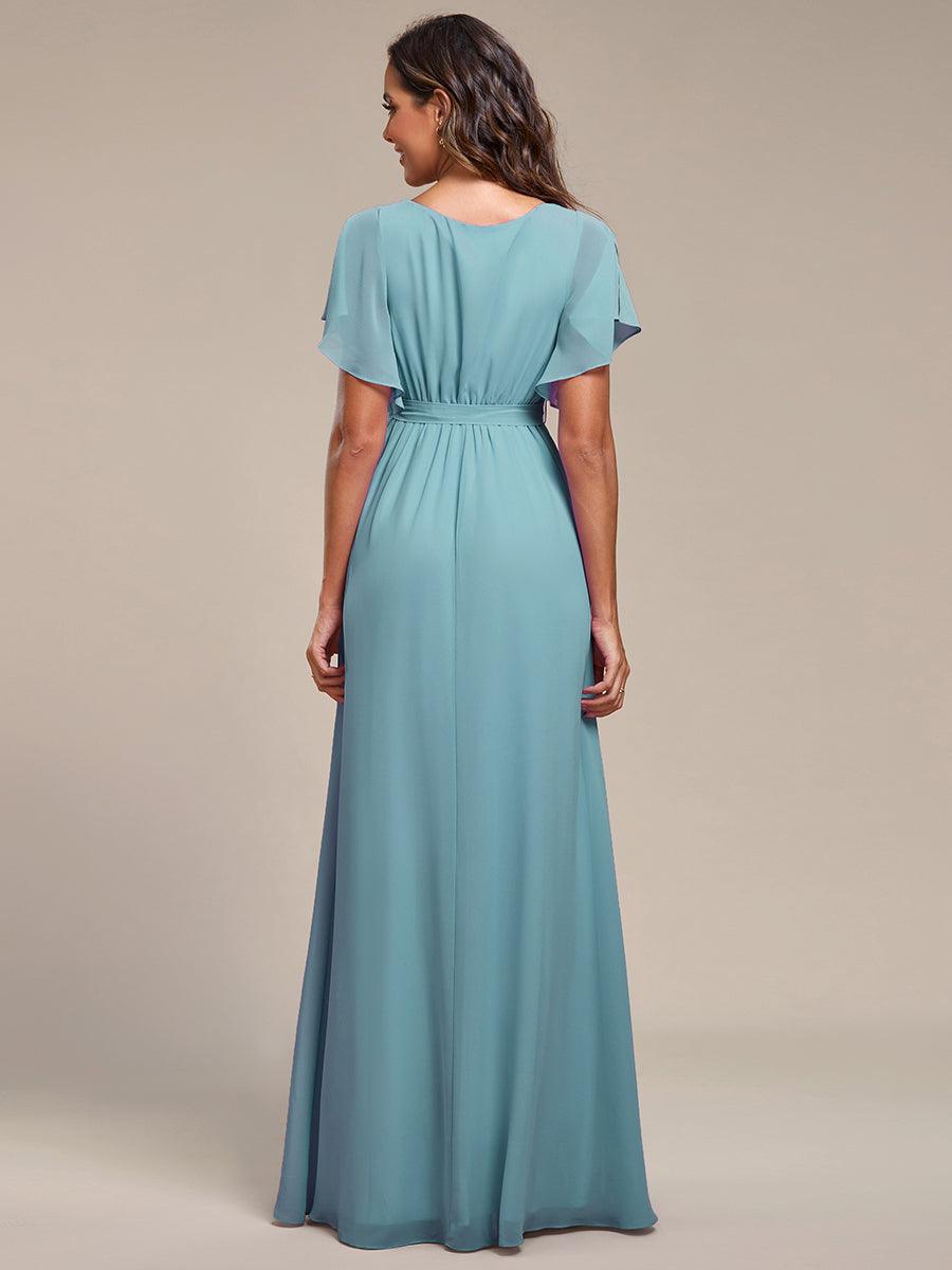 Robe de demoiselle d'honneur en mousseline de soie ????è encolure en V et ????è manches #Couleur_Bleu Fume