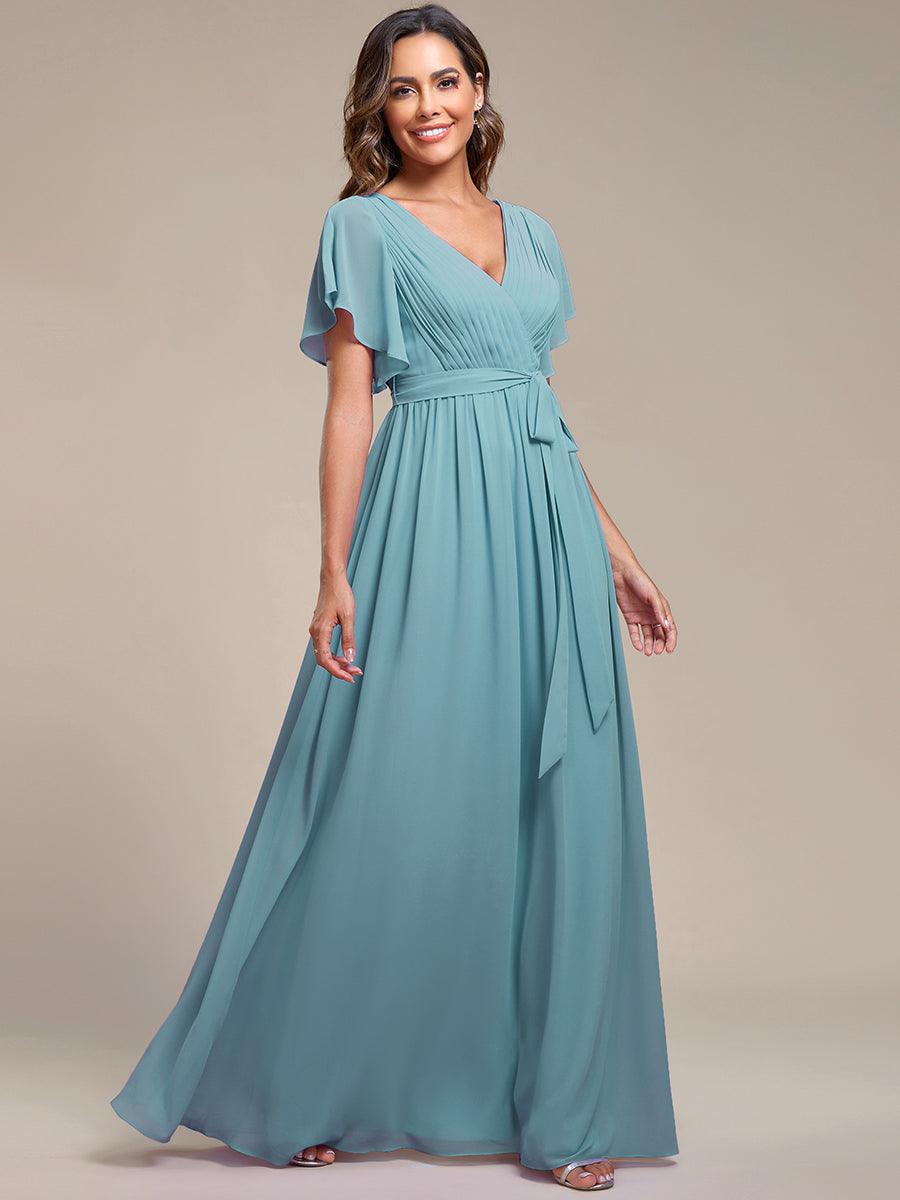 Robe de demoiselle d'honneur en mousseline de soie ????è encolure en V et ????è manches #Couleur_Bleu Fume