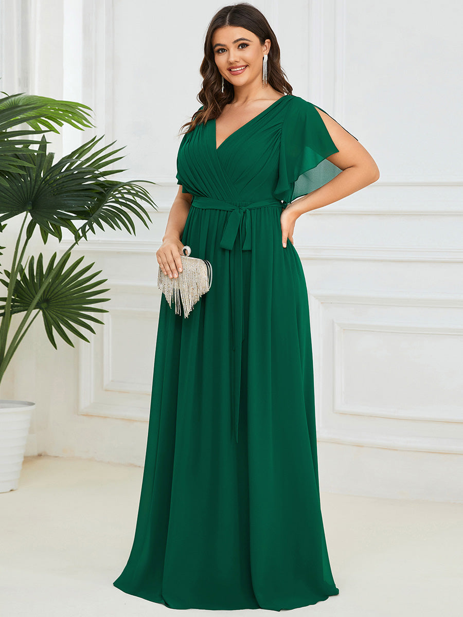 Robe de soirée en mousseline de soie longue de grande taille à encolureen V Maxi #Couleur_Vert Fonce