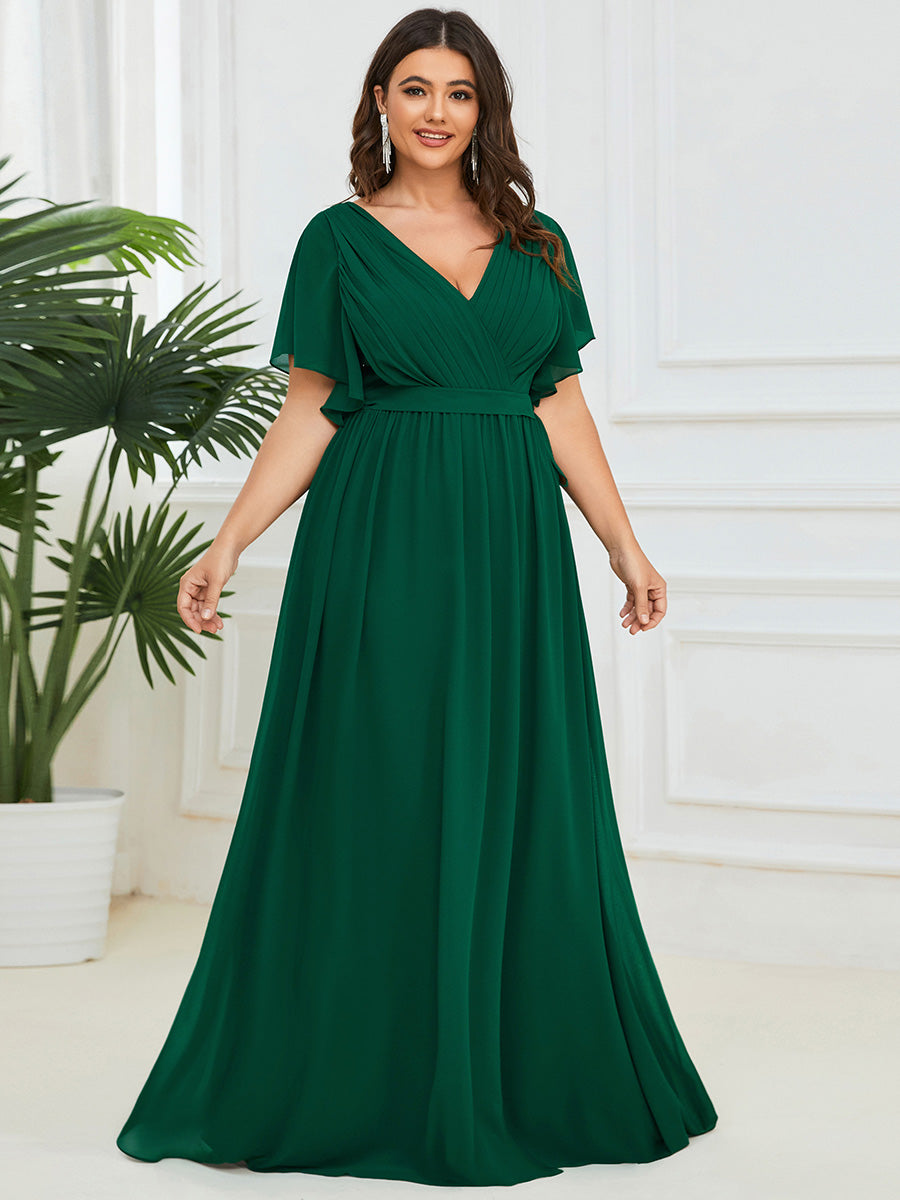 Robe de soirée en mousseline de soie longue de grande taille à encolureen V Maxi #Couleur_Vert Fonce