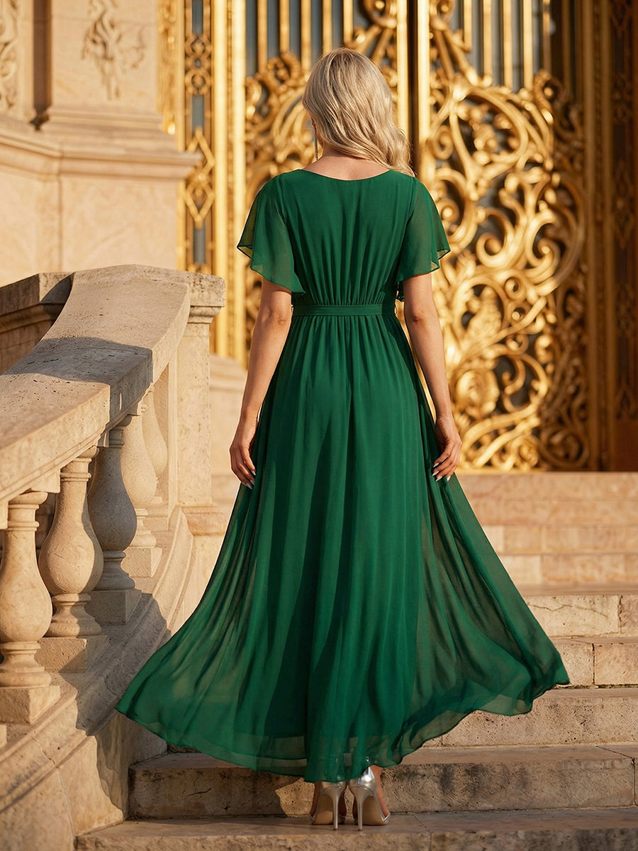 Robe mariage invitée en mousseline de soie à encolure en V et à manches flottantes #Couleur_Vert Fonce